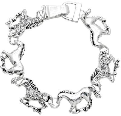 Magnetic Clasp Silver Tone Vintage Style Crystal Western Cowboy Horses Pony Charm Bracelet