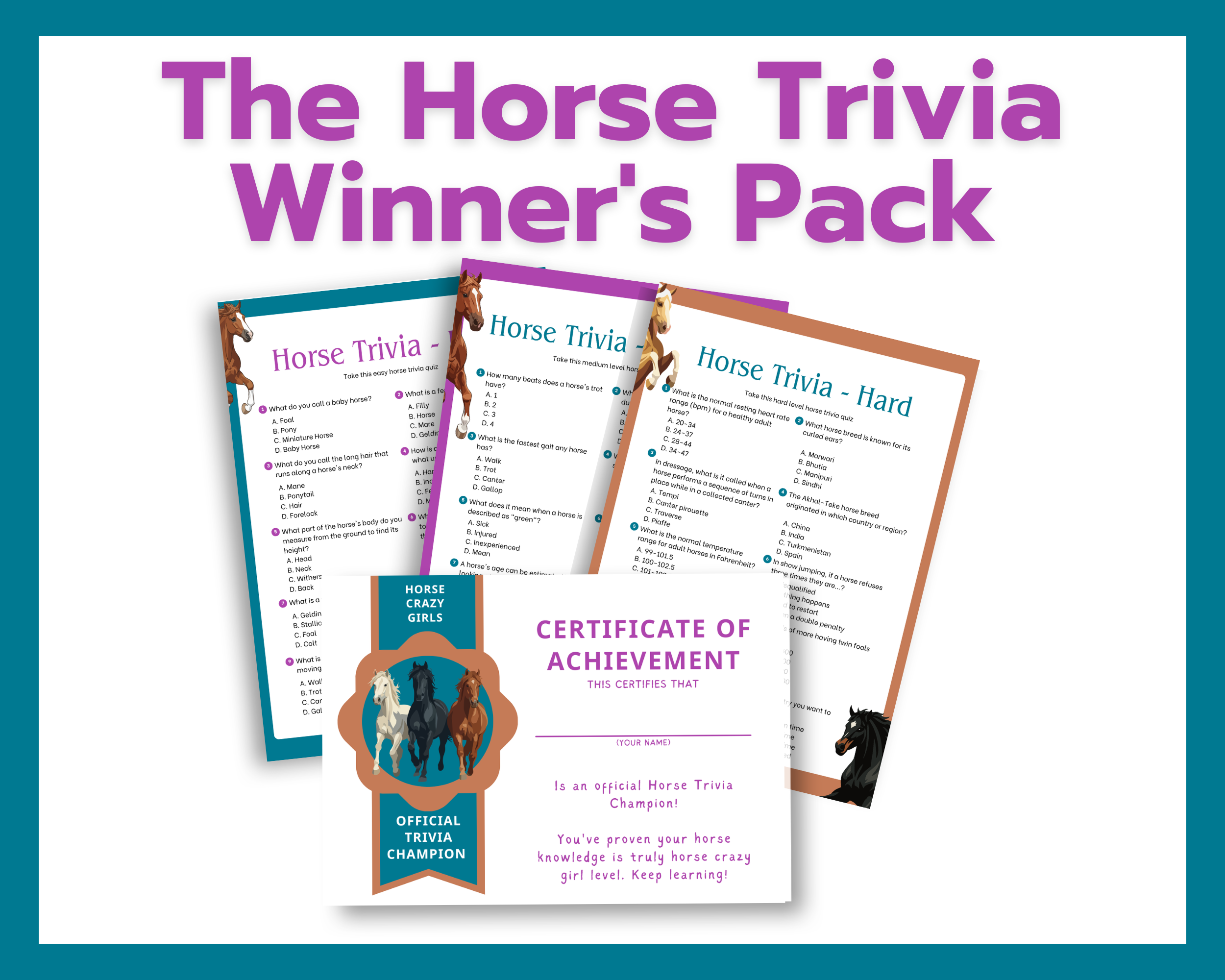 Horse Crazy Girls trivia winners pack — printable certificate and worksheets