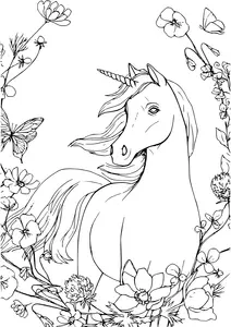 A coloring page featuring an unicorn surrounded by flowers