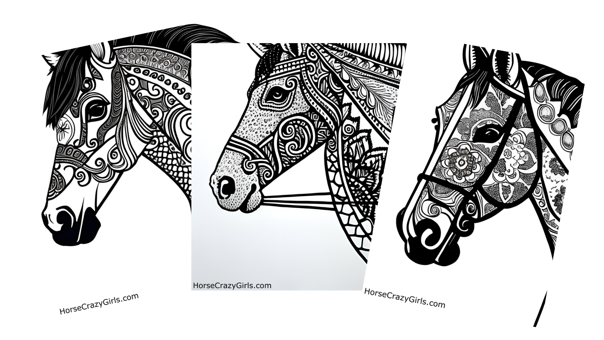 Fan spread of 6 free printable horse coloring pages