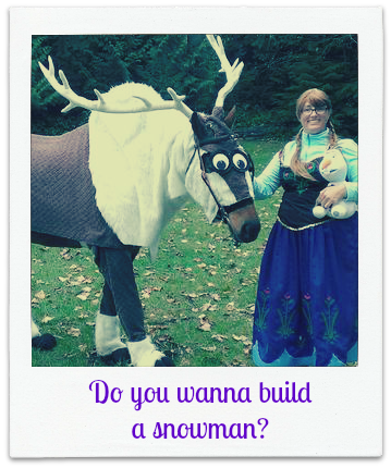 Horse Halloween costume contest. The horse is dressed up like the reindeer from the movie Frozen. The girl is dressed like Anna from the movie.