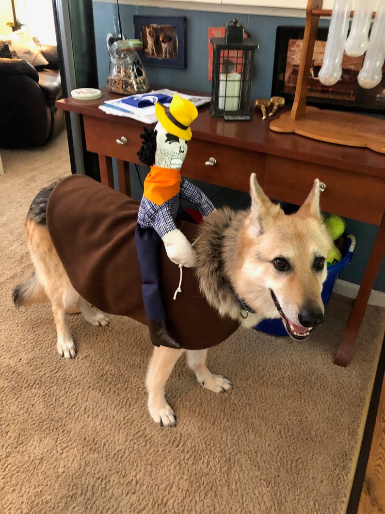 Cowboy dog costume that shows a stuffed cowboy riding a dog.