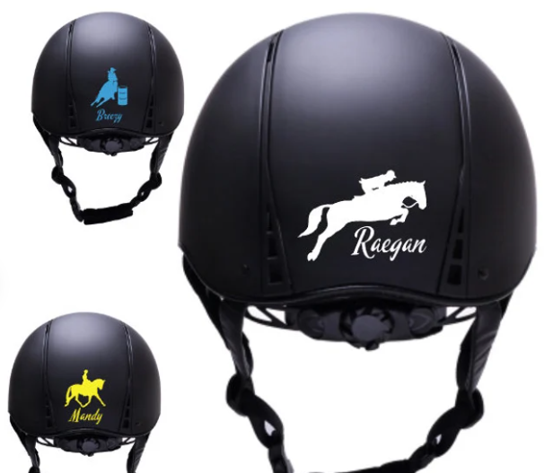 Vinyl decal sticker by TuggleFarm on Etsy. There are three helmets each with a different sticker showing horses in different disciplines and different names.