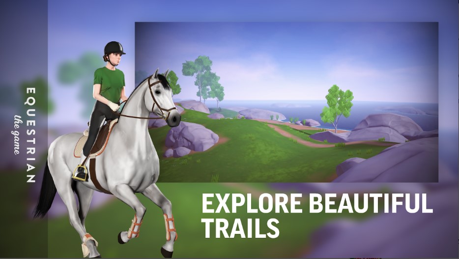 A graphic from Equestrian The Game showing a horse and rider cantering by rocks, grass, and water with the words Explore Beautiful Trails and the game logo.