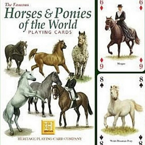 A picture of the Horses & Ponies of the World card box along with the front of three playing cards and the back of one of one playing card.