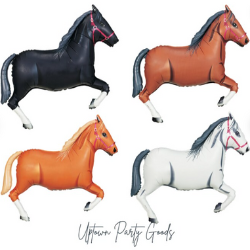 Four horse balloons from uptownpartygoods on Etsy. It shows a black horse, a bay horse, a chestnut horse, and a gray horse all with white socks and red halters.