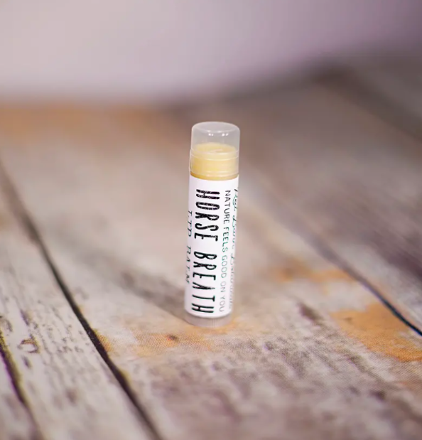 A picture of lip balm that says Horse Breath on the label.