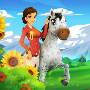 A graphic from the game Horse Farm. It shows an Appaloosa horse with a leg raised beside a girl wearing white breaches and a red show jacket. There are flowers in front of them and trees behind.