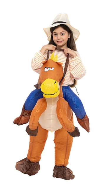 A young girl wearing an inflatable horse costume.