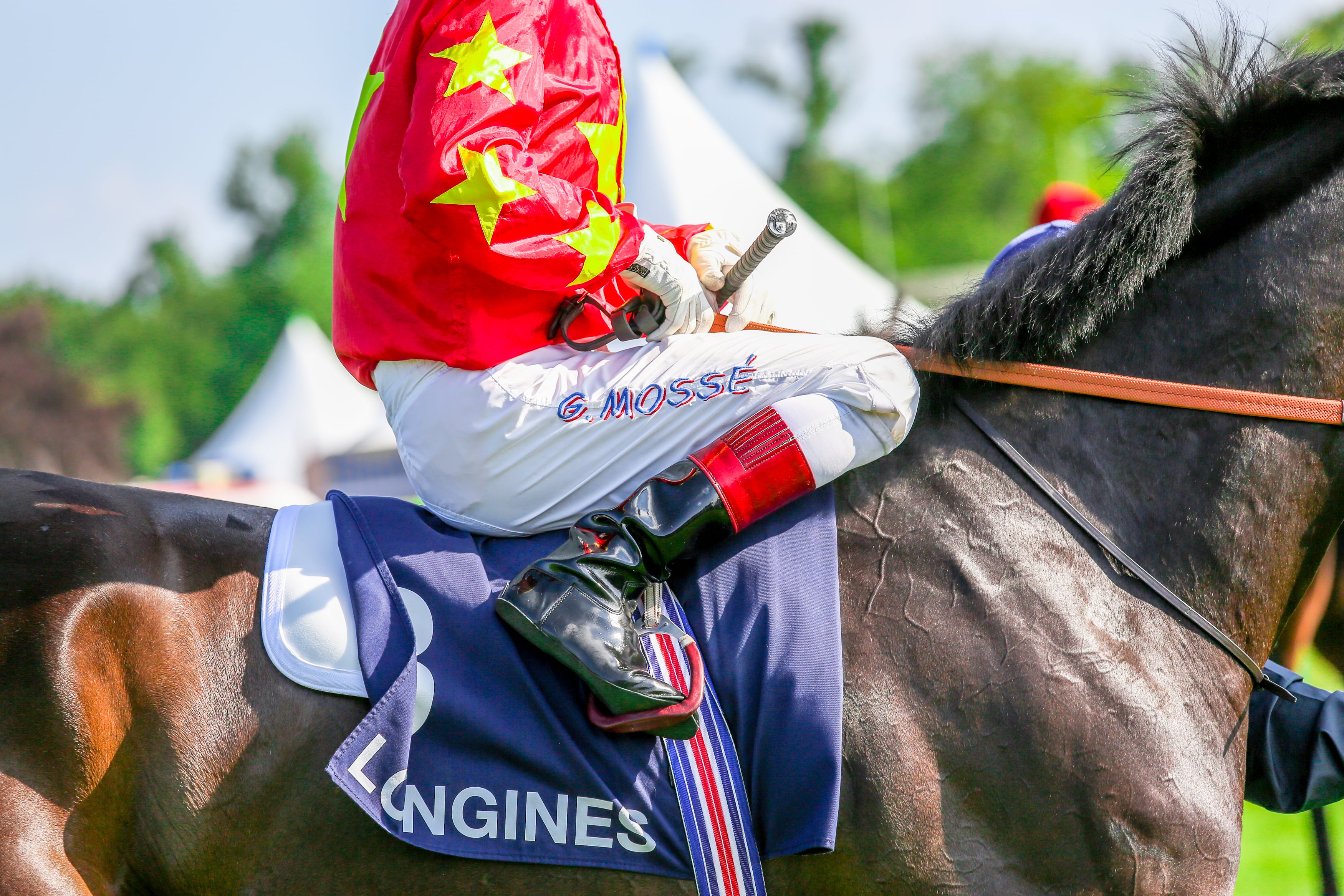 A jockey sitting on a thoroughbred.