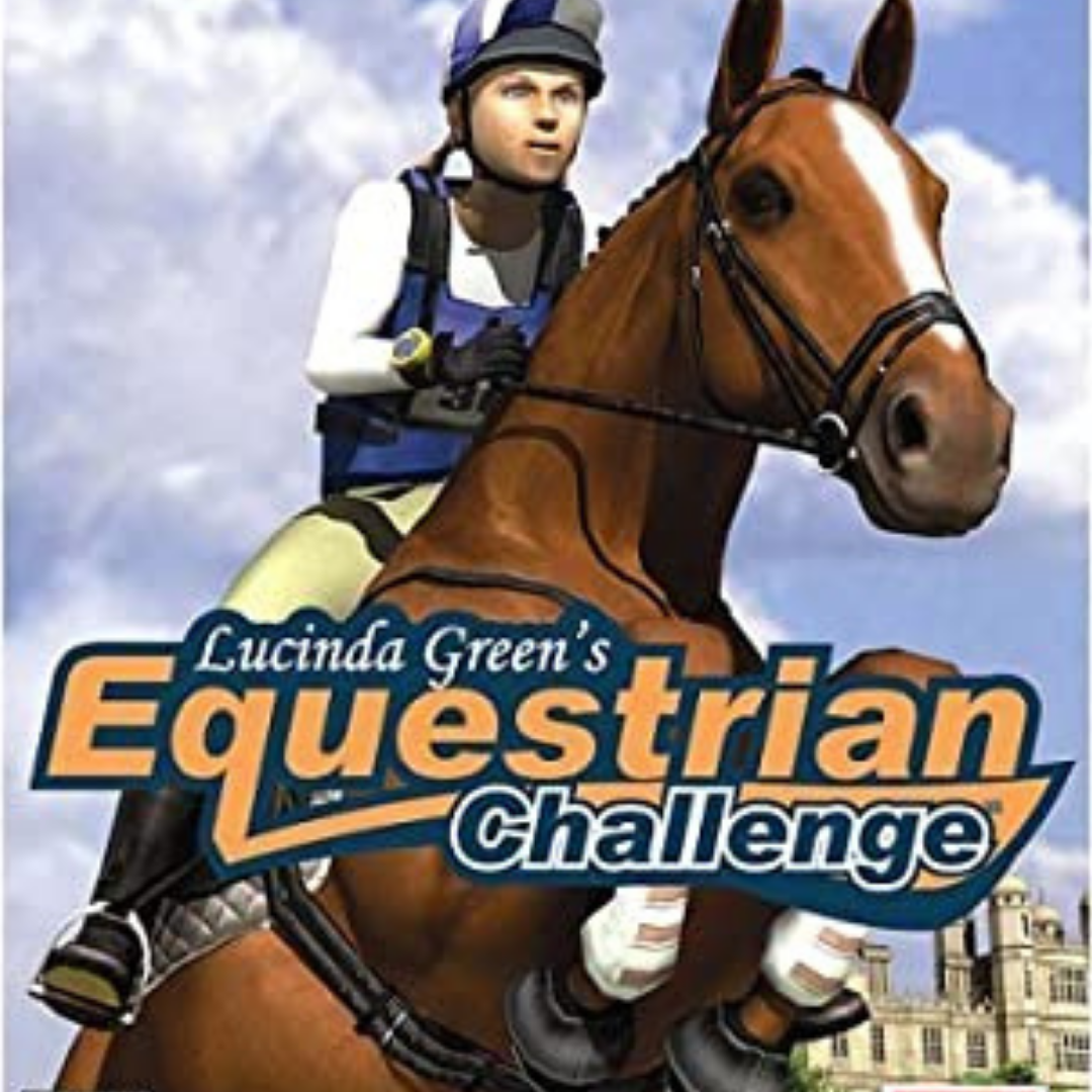 A graphic from the PC game Lucinda Green's Equestrian Challenge. It shows a rider and a chestnut horse with a white stripe jumping in a cross country course. With the name of the game at the bottom.