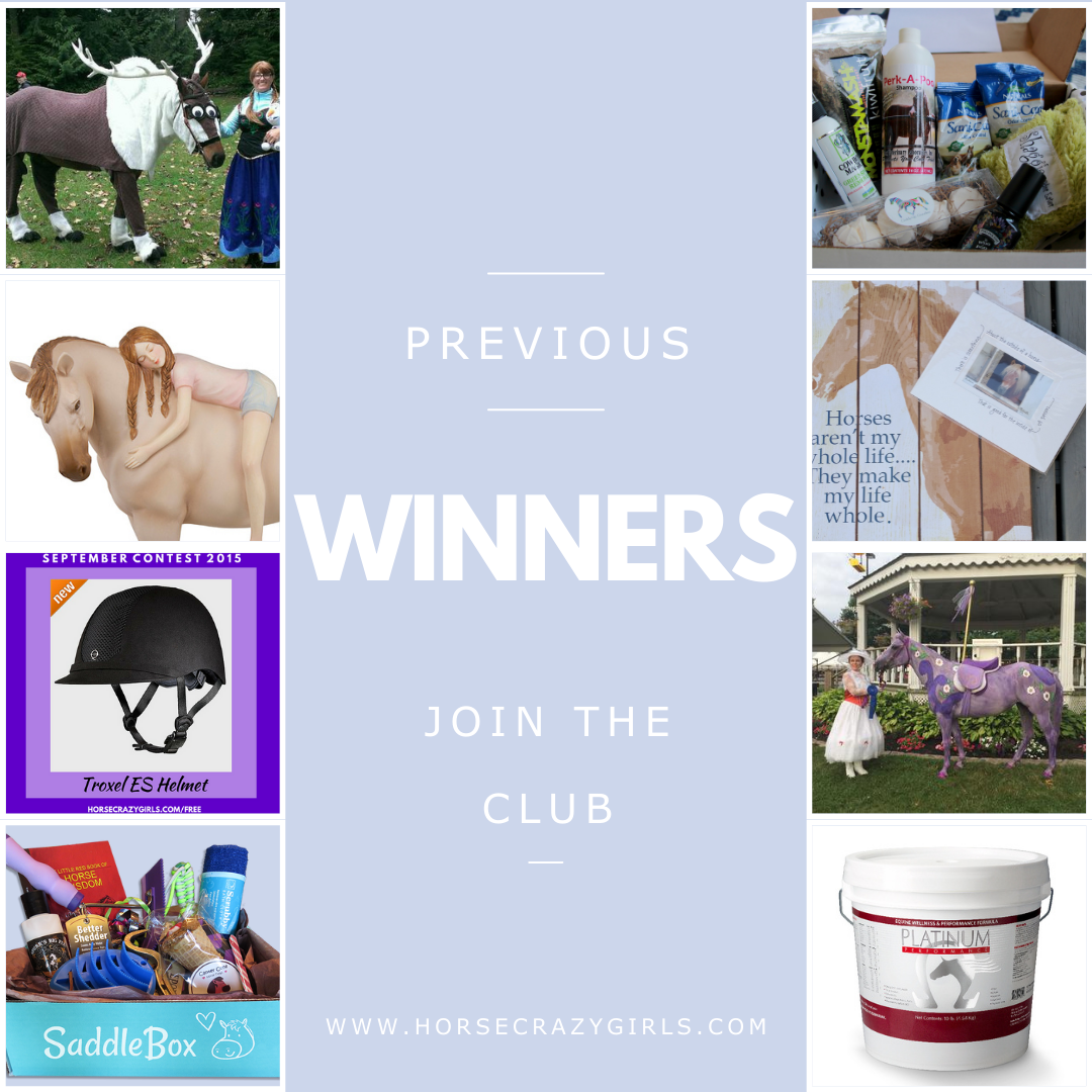 In white lettering are the words Previous Winners Join The Club horsecrazygirls.com. In either side are four images showing different pictures from different contests.