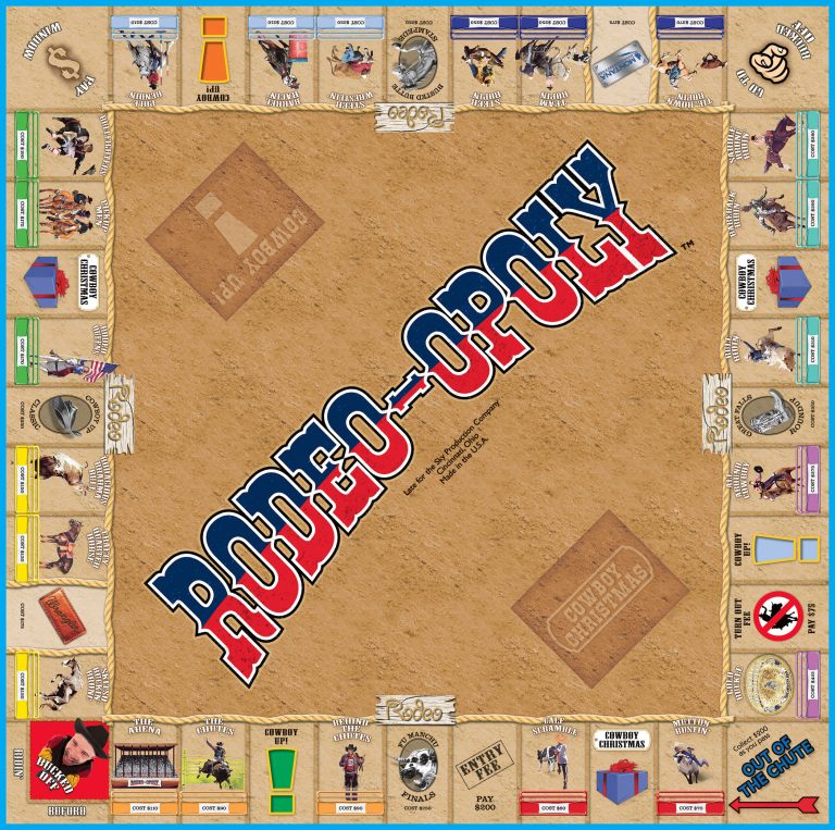 A picture of the board used in the Rodeo-Opoly board game.