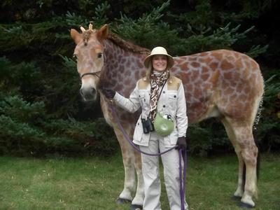 A woman dressed in a safari outfit standing next to a horse clipped to look like a giraffe.