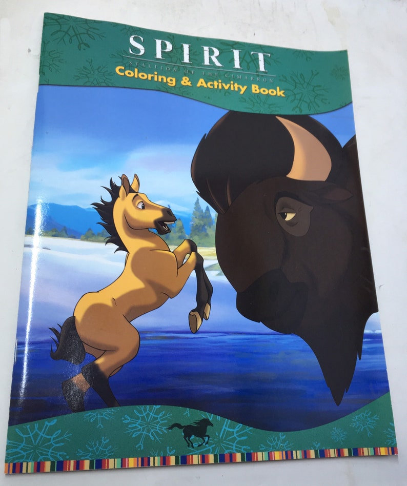 A picture of the front of a coloring and activity book that says Spirit Stallion of the Cimarron Coloring & Activity Book.