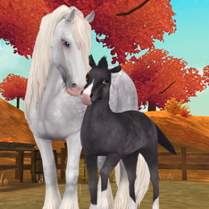 A graphic from the game Star Stable Horses. It shows a dapple grey horse nuzzling a black foal. There are trees with red leaves and hills with yellowish grass in the background.