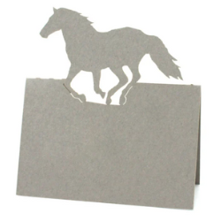 Horse cards by JonNiPaperGoods on Etsy. The card is grey and doesn't have writing. The card is folded horizontally and at the top has a cutout of a horse galloping.