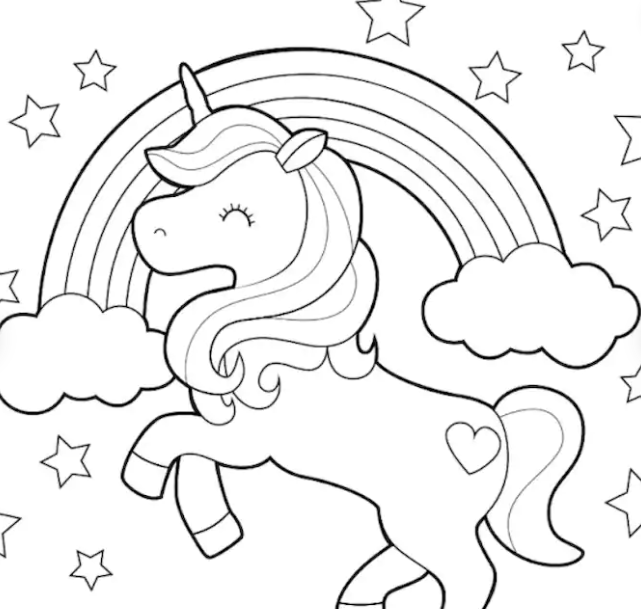 A coloring page featuring a unicorn in front of a rainbow.