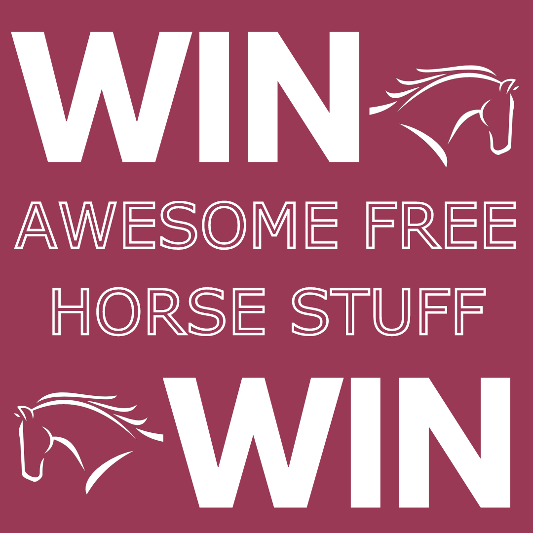 A graphic that says win awesome free horse stuff win in white lettering on a maroon background with two horse head graphics also in white. one at the top and one at the bottom
