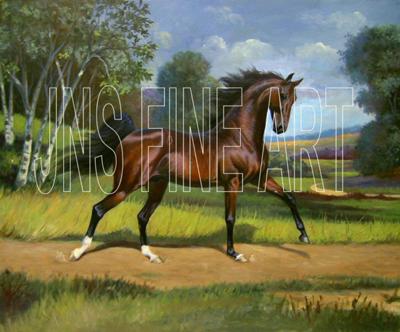A painting of a bay Saddlebred cantering down a dirt lane in a field. Hills and trees in the background and the horse has two white socks on its back legs. There is also a JNS Fine Art watermark.