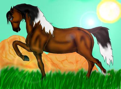A drawing of a bay horse with a black and white mane and tail standing in a field of grass with the sun and mountains in the background. The horse is holding up its front left leg.