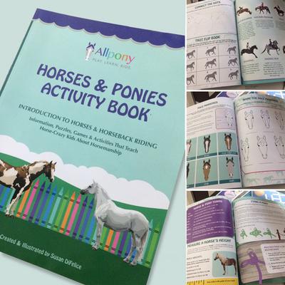 A picture of the front of the Allpony Horses & Ponies Activity An Introduction to Horses and Horseback Riding Information, Puzzles, Games, and Activities that Teach Horse-Crazy Kids About Horsemanship book. The word all pony is in rainbow, Horses & ponies is in purple and the rest of the font is in green. It shows a white horse and a paint horse standing in front of a rainbow crayon fence. To the right are three images showing different pages in the book.