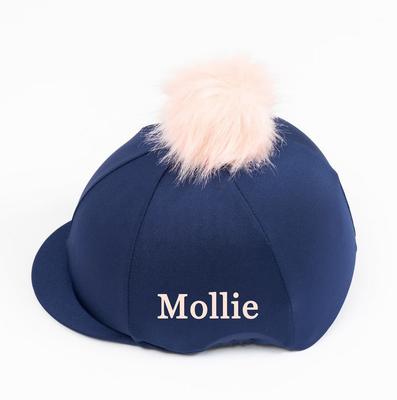 Navy Blue Riding Hat Cover with Very Fluffy Pom Pom 