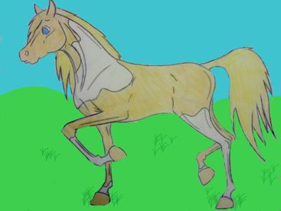 A drawing of a horse trotting. The horse is a Palomino and white paint horse with a blue eye. The horse is on grass with a blue sky behind.