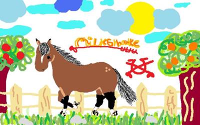 A bay horse with a white stripe standing between two fruit trees. There is a fence in the back ground, there is grass on the ground, and the sun and clouds are out above. There is writing as well.