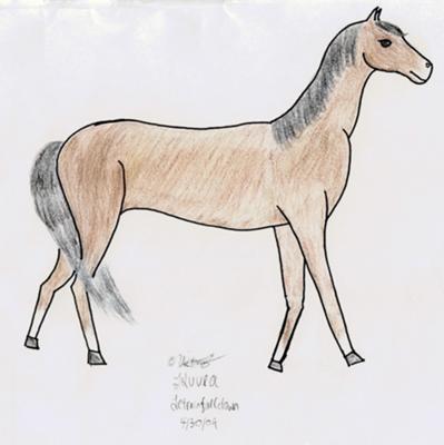 A drawing of a bay horse walking.