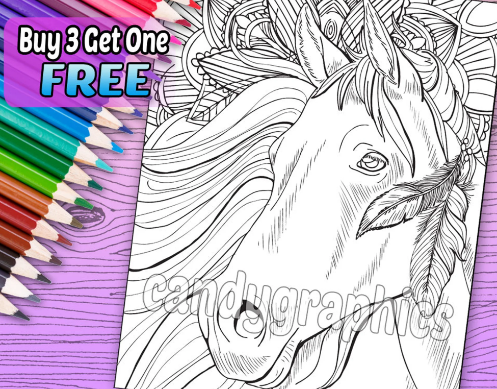 Beautiful horse coloring page from CandyGraphics on Etsy