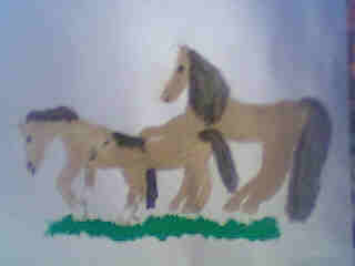 A painting of three horses walking together. The horses are all bays and are walking on grass.