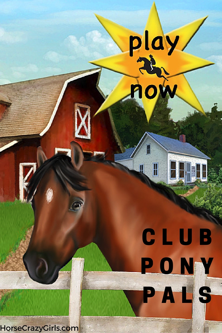 An image of the game with a brown horse near a white fence, and a red barn in its background with text that says Play Now and Club Pony Pals