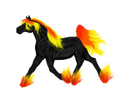 A computer drawing of a black horse trotting. The horse has flames for its mane, tail, and hooves.