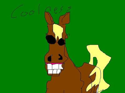A drawing of a brown cartoon horse smiling with big teeth showing. The horse is also wearing sunglasses and has a yellow mane and tail. The background is green and there is text that says 'Coolness'.