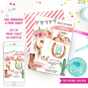 Cowgirl Watercolor Birthday Party Invitation for cowgirl horse themed party