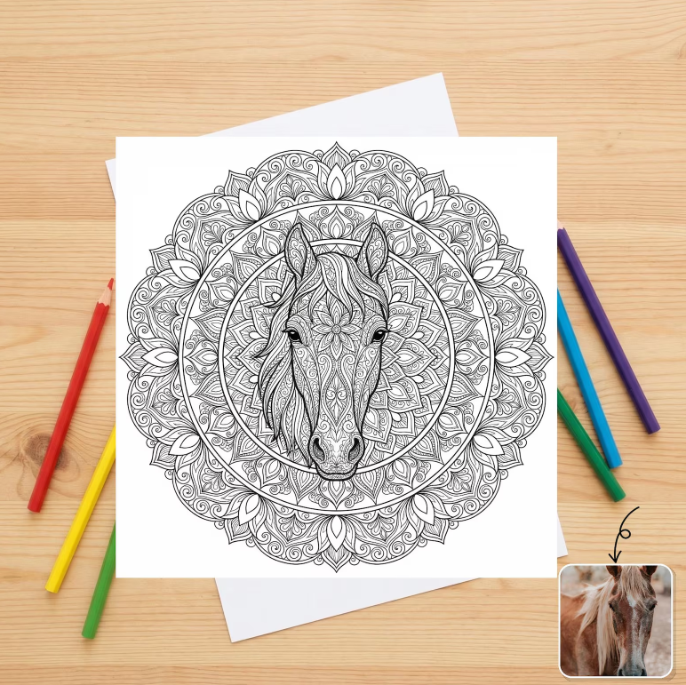 Custom horse mandala coloring page from photo by PhotoToArtCrafts on Etsy
