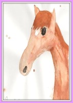 A drawing of a chestnut horse's head with a white star marking. Only the horse's head and neck are drawn.