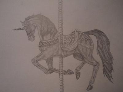 A pencil drawing of a carousel unicorn. The carousel unicorn is wearing a saddle, saddle pad, and a girth. Along with a bridle with no reins and a breast collar and accessories behind the saddle.