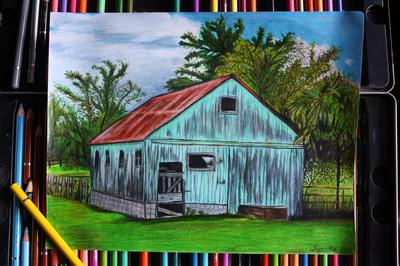 An drawing of a blue barn with a red roof. The base of the barn is grey stone. There is green grass on the ground and trees in the background. There is a blue sky and clouds above.