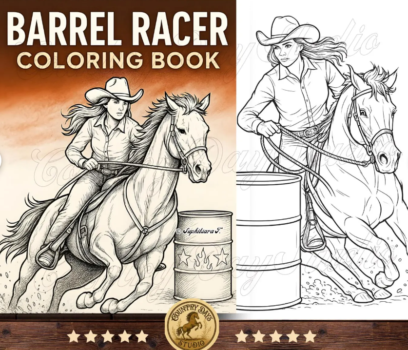A picture of the Barrel Racer coloring book cover and a coloring page of woman and her horse barrel racing.