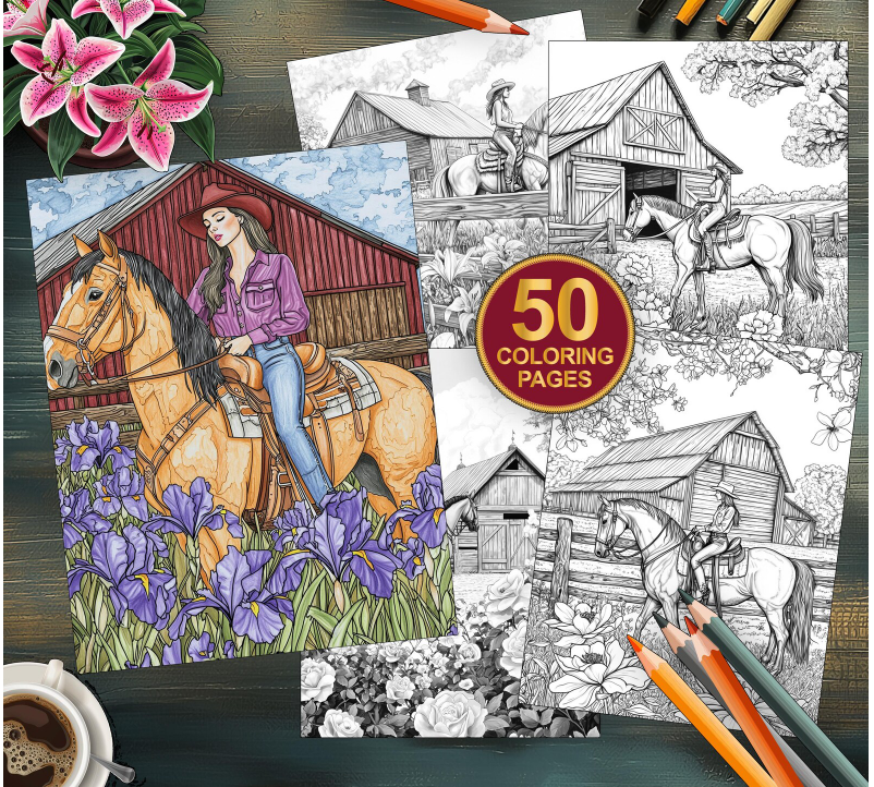A picture of 5 western themed coloring pages one of which is partially colored