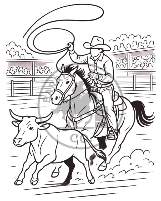 A coloring page of a person on a horse trying to rope a cow.