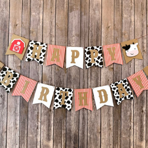 Cow Red Barn Farm Happy Birthday Banner for farm themed horse party