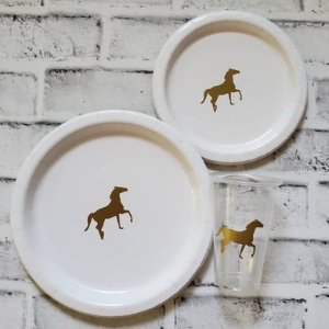 12 White Paper Plates with Gold Horses for horse birthday parties