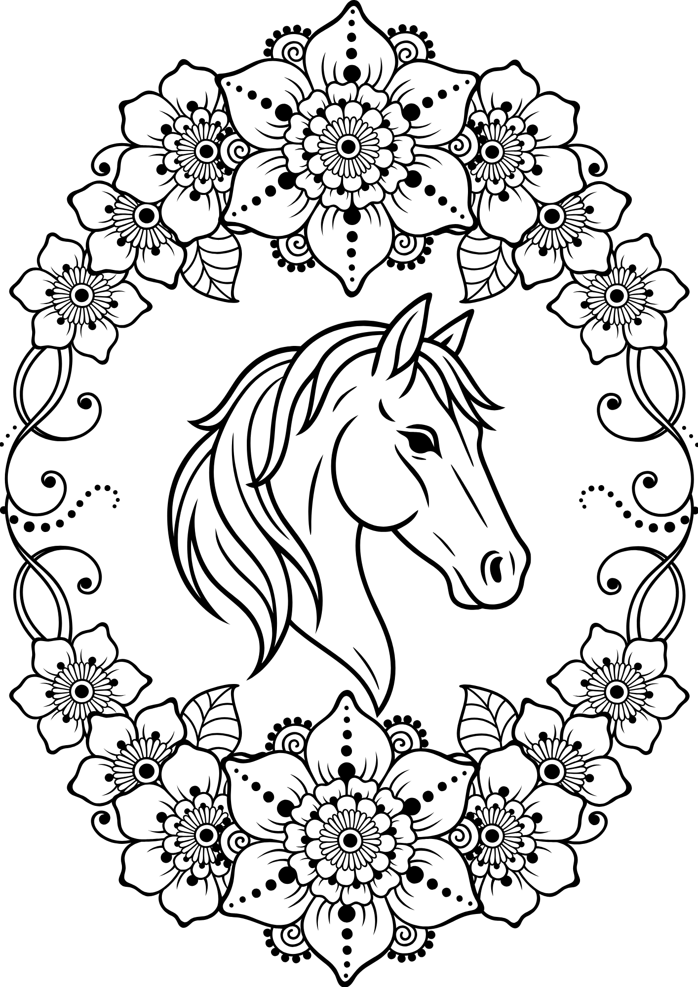 Horse head coloring page with flowers incorporated into the design