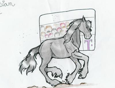 A drawing of a grey Friesian horse trotting in front of people watching from the stands. The people are blurry and don't have distinguishable features.