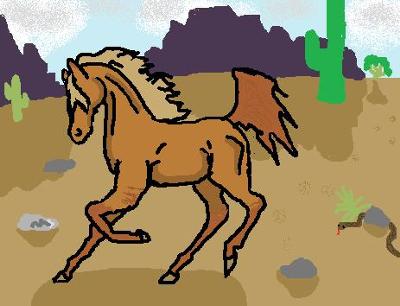 A digital drawing of a chestnut horse cantering through the desert There is sand and rocks on the ground along with canyons and cacti in the background.