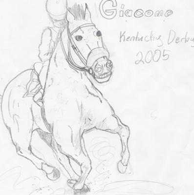 A pencil drawing of the racehorse Giacomo racing. The horse is in full race gear and is being ridden by a jockey. There is writing on the drawing that says 'Giacomo 2005 Kentucky Derby'.