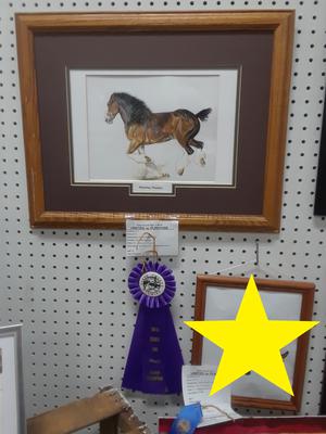 A colored drawing of a Clydesdale horse cantering. The drawing is framed and hanging up with a purple ribbon and a yellow star under it.